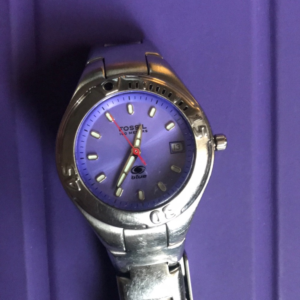 Fossil Blue Metallic Purple DateAdjust Dial Stainless Steel Watch 330ft WaterRes